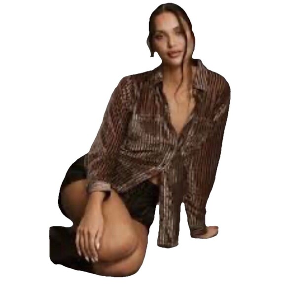 Anthropologie Forever that Girl Brown Velour Striped Long Sleeve ButtonUp  2X - Picture 1 of 9